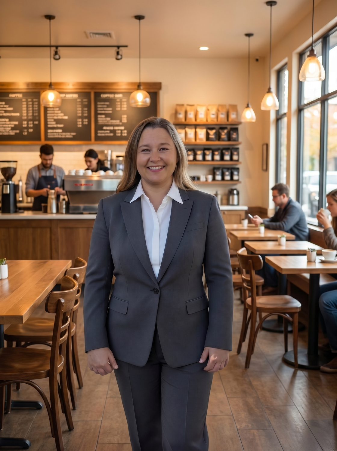 AI-generated portrait of the woman in a gray suit standing inside a cozy coffee shop with baristas and customers.