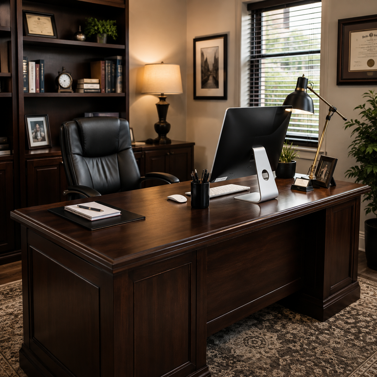 Dark wood desk office with iMac-style computer, leather chair and bookshelf, generated by GPT Image 2 from the same prompt