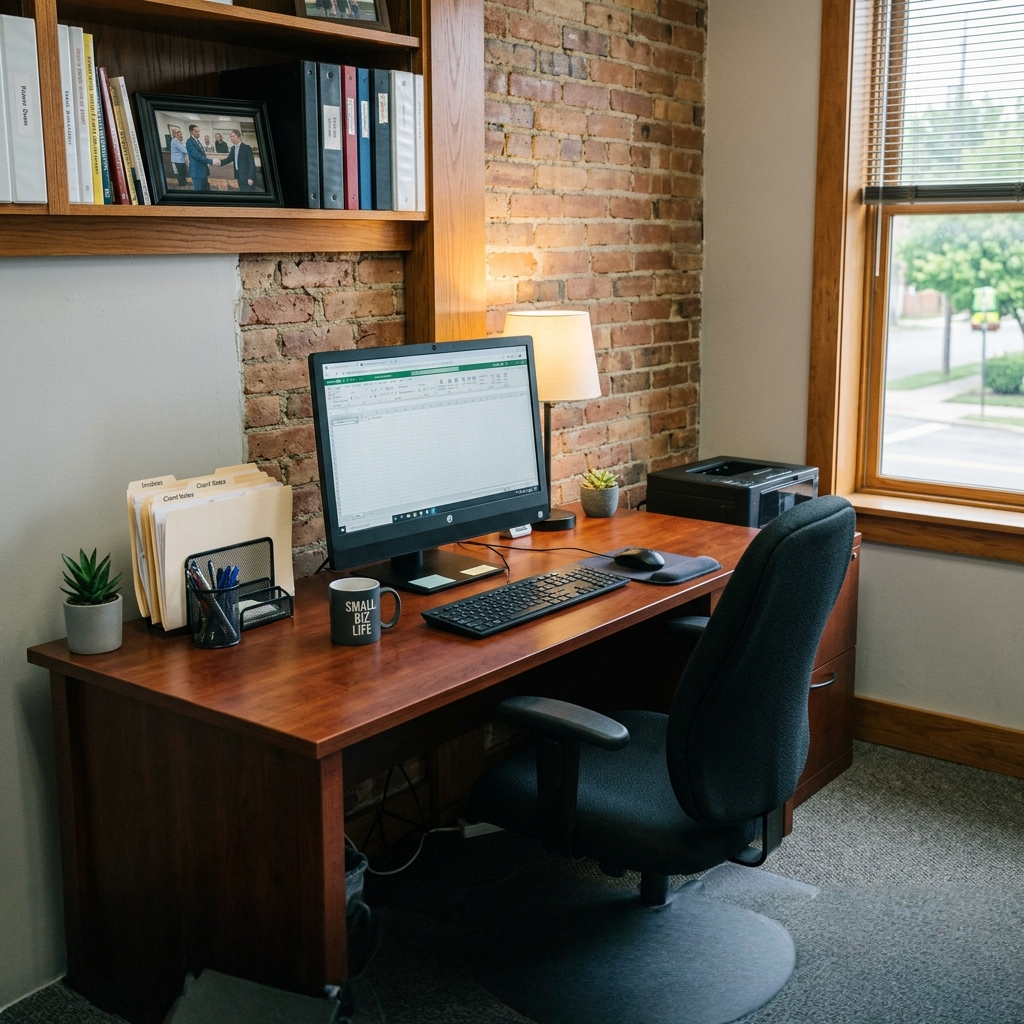 Office with a wooden desk, monitor, brick wall and window, generated by Nano Banana V2 from the same prompt
