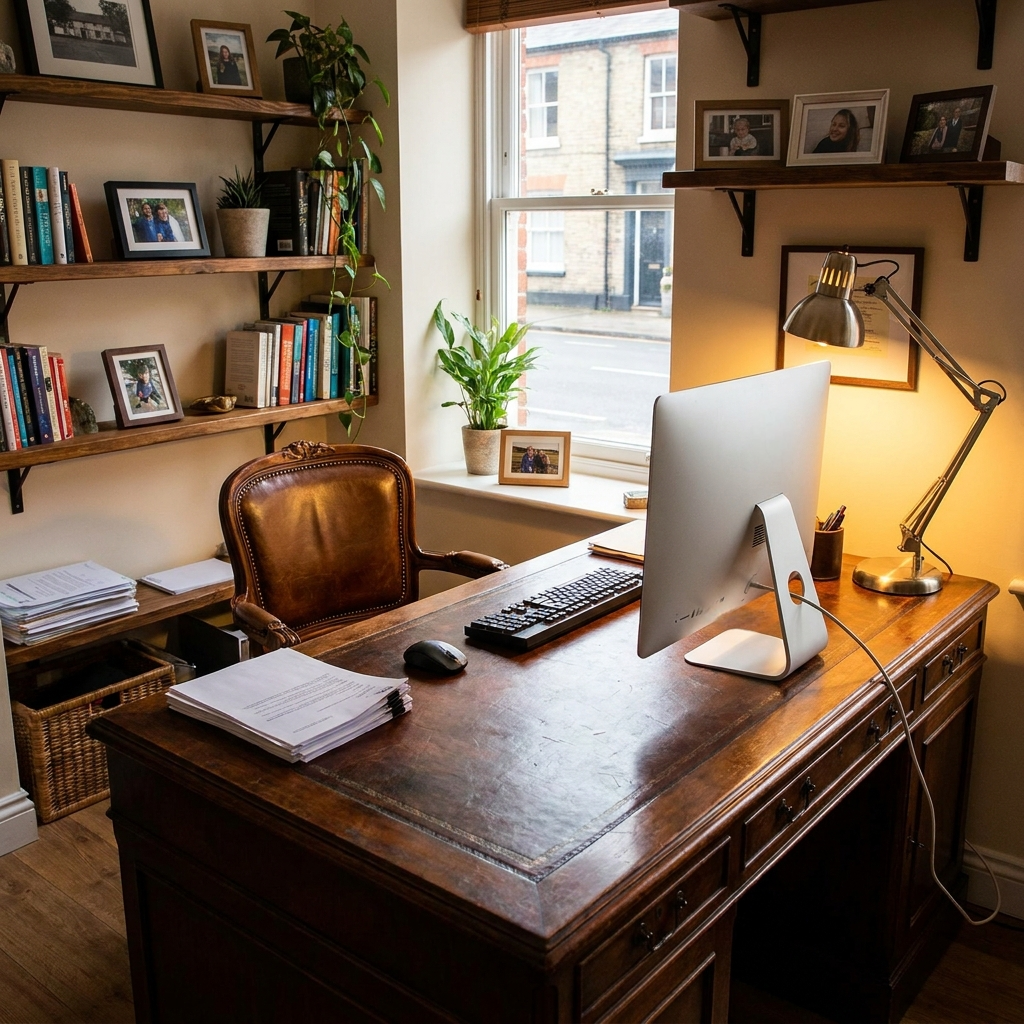 Small business office with a dark wood desk and a computer, generated with Nano Banana Pro