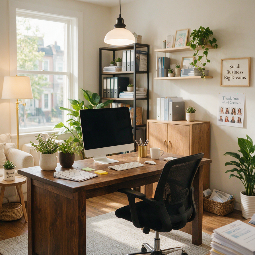 Bright small business office with a rustic wood desk, computer and plants, generated by Seedream V5 Pro from the same prompt