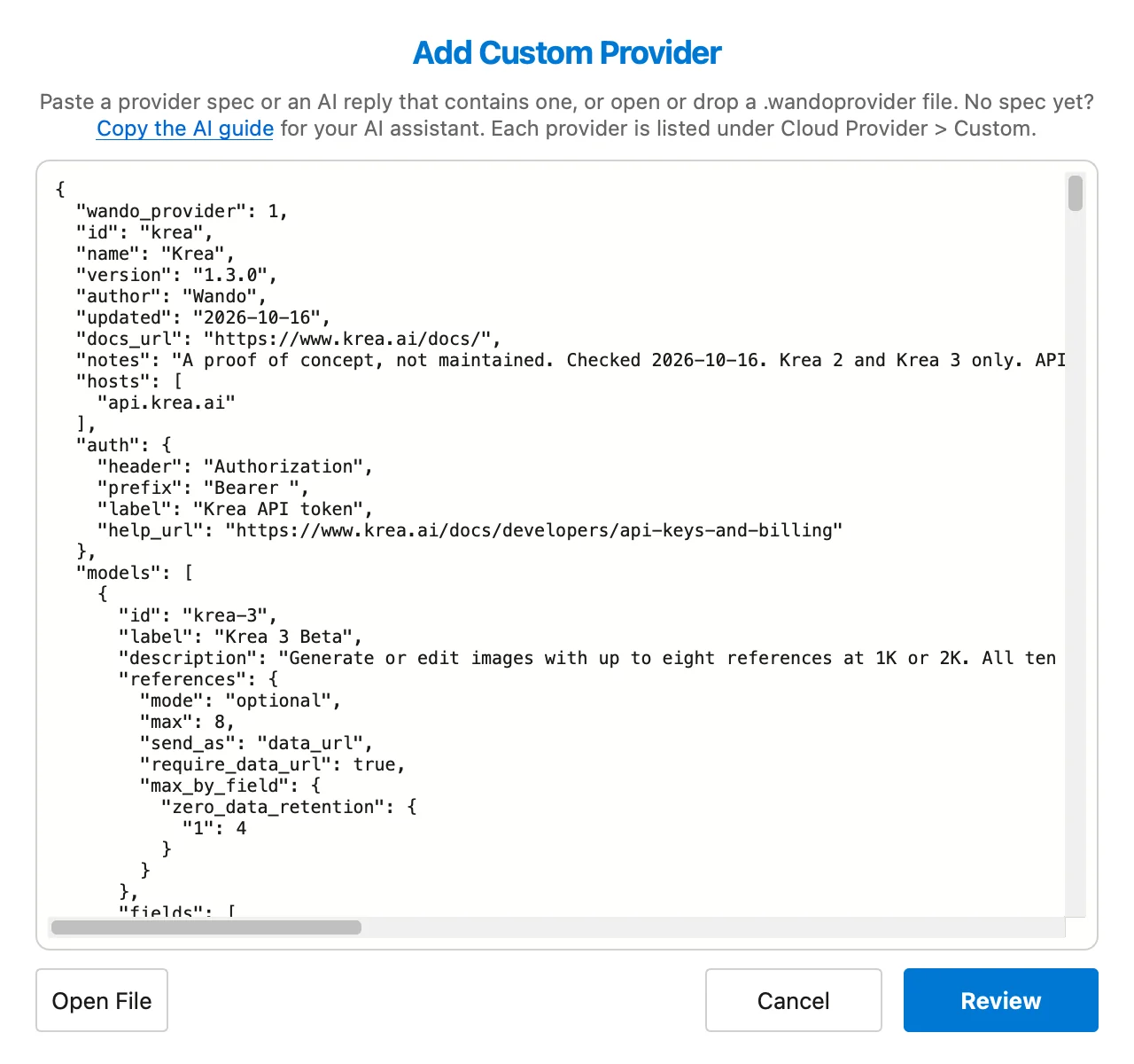 The Add Custom Provider window with the Krea provider file pasted in, and Open File, Cancel and Review buttons