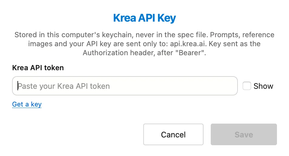 The Krea API Key dialog, noting the key is stored in the keychain and sent only to api.krea.ai