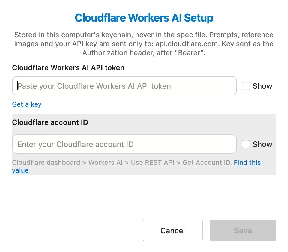 The Cloudflare Workers AI Setup dialog, asking for an API token and a Cloudflare account ID