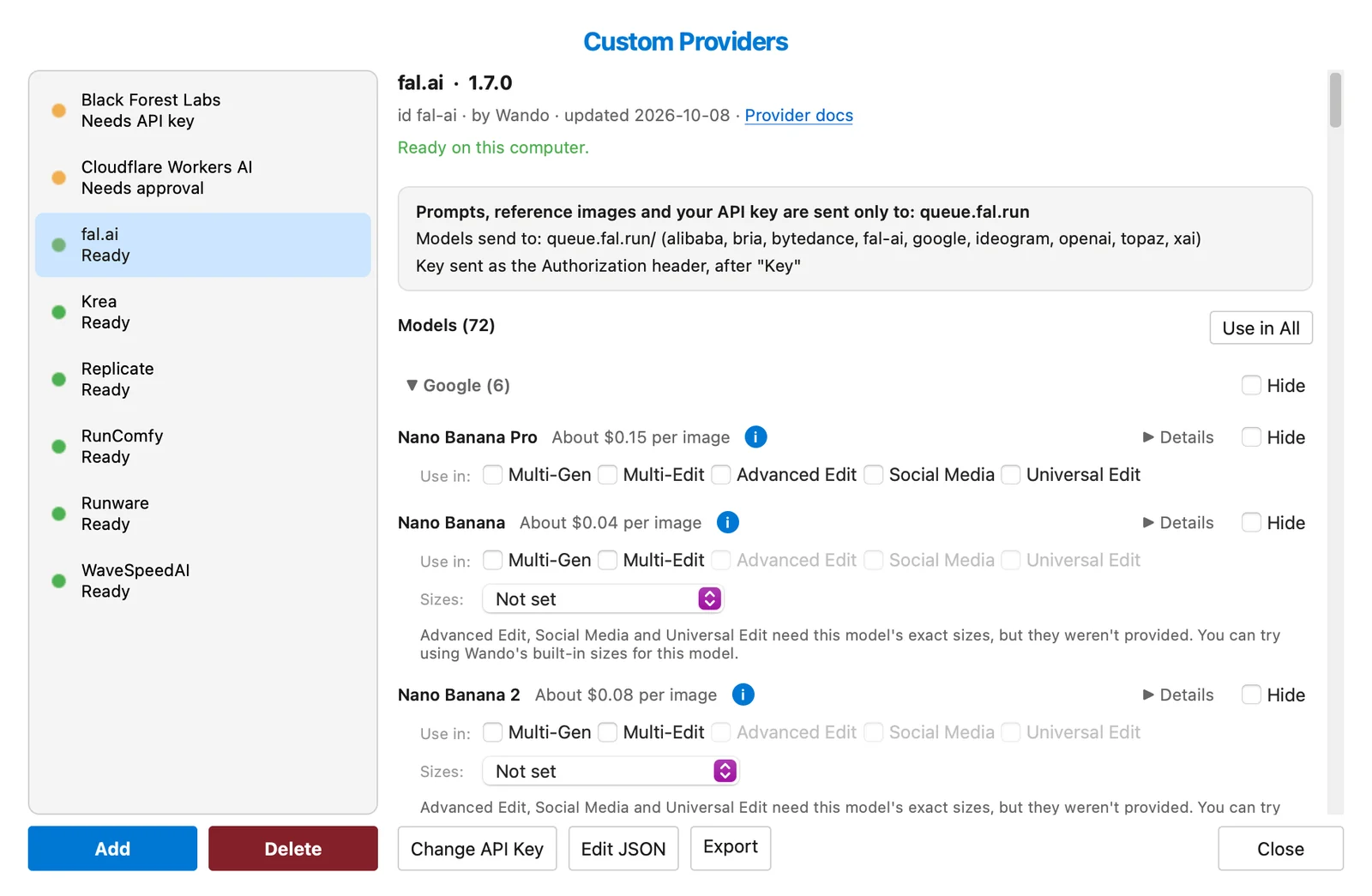 The fal.ai proof-of-concept provider in Wando Pro's Custom Providers manager, showing 72 models grouped into families