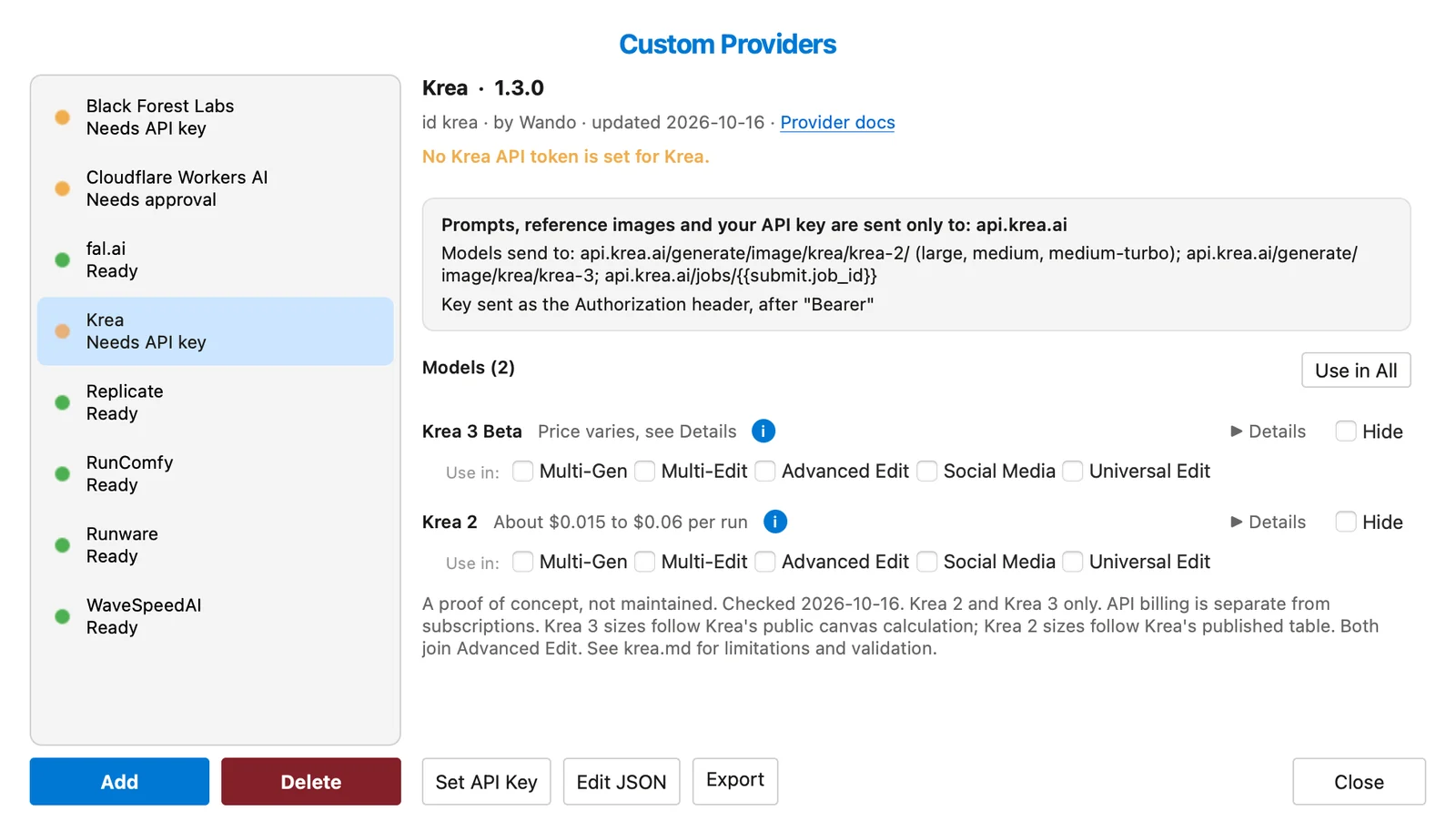 The Custom Providers manager with Krea selected and a warning that no Krea API token is set