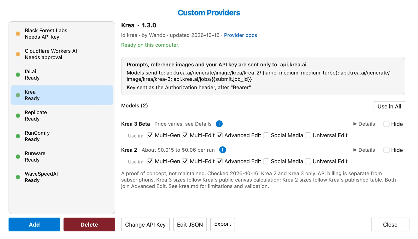 The Custom Providers manager in Wando Pro showing Krea ready, with its models ticked for Multi-Gen, Multi-Edit and Advanced Edit