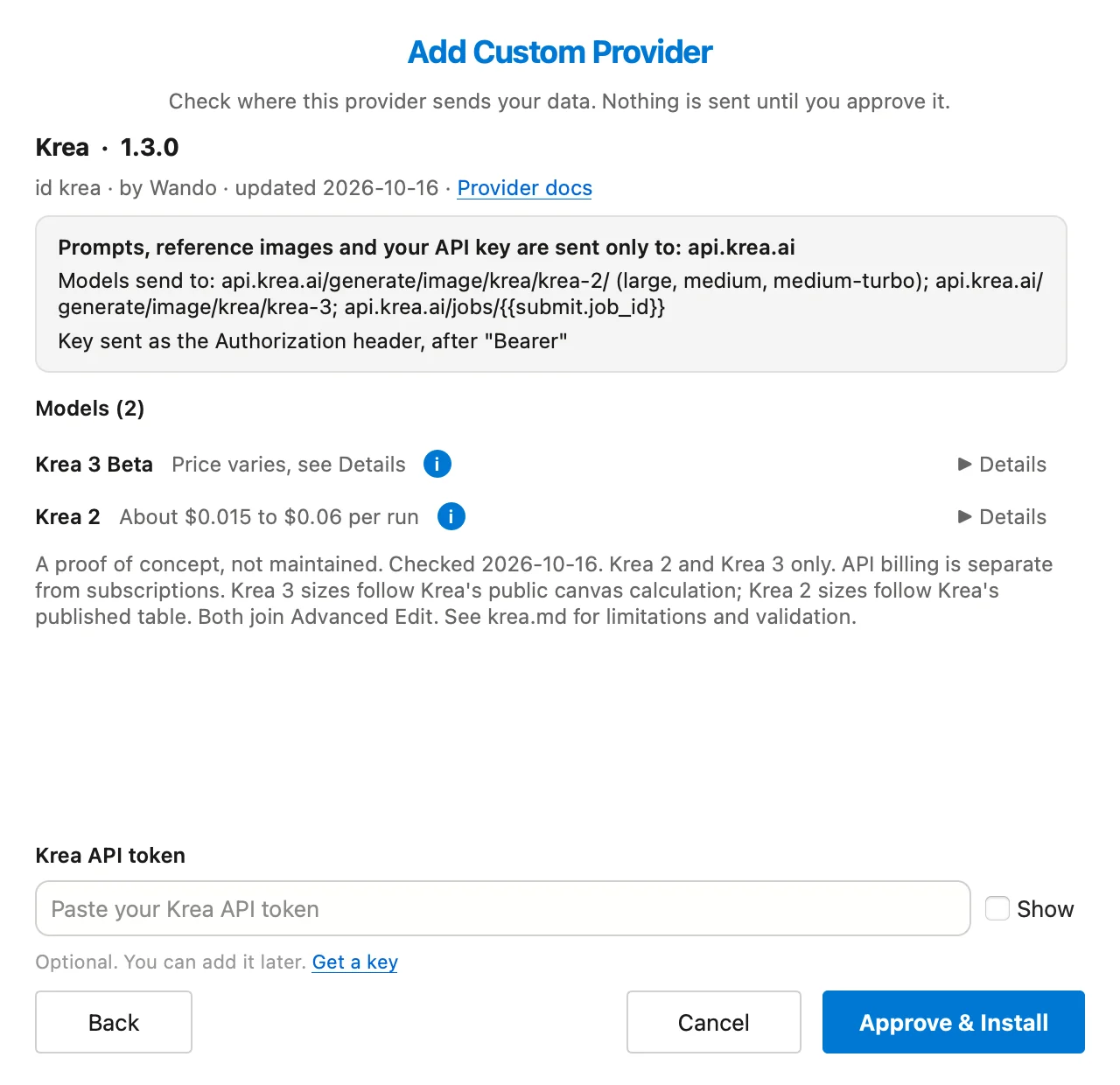 The review step for Krea, listing api.krea.ai as the only host, its two models and prices, and an optional Krea API token field