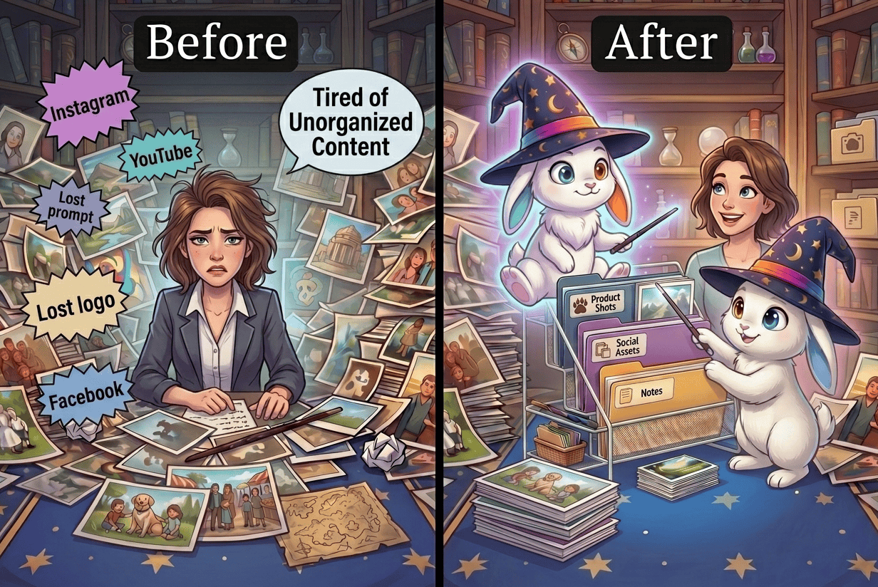 Before-and-after: messy unorganized content becomes a tidy AI image workflow with Wando