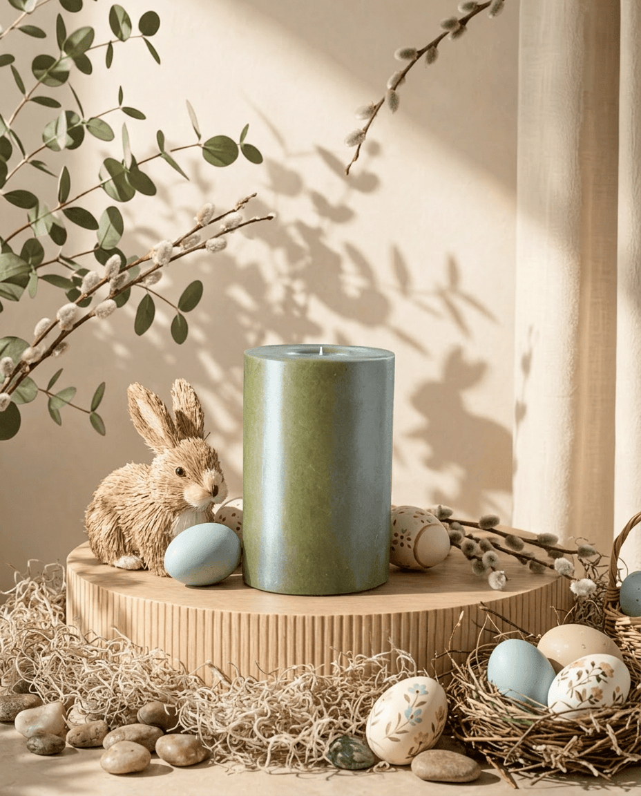 Olive pillar candle on a ribbed platform with a straw bunny, painted eggs, pussy willow and a nest: Easter restyle