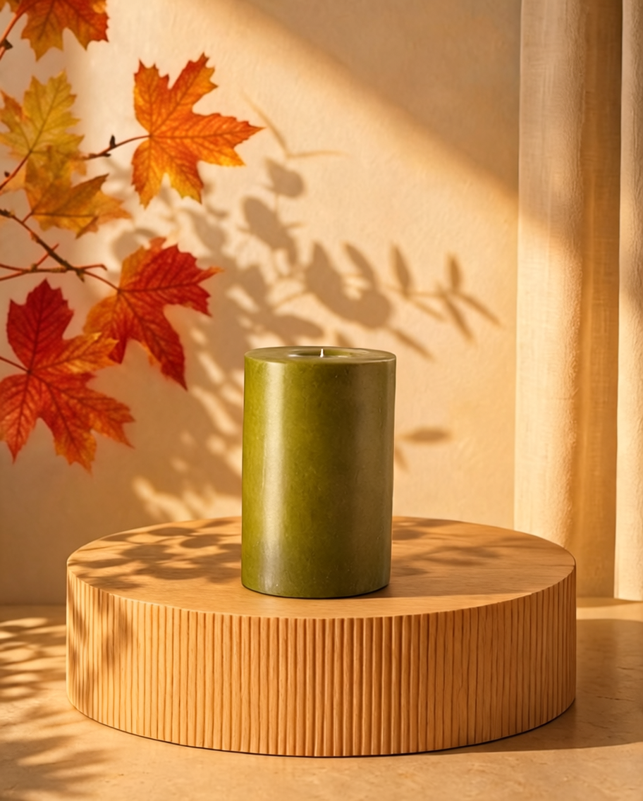 The same green candle restyled for autumn with orange maple leaves and warm light