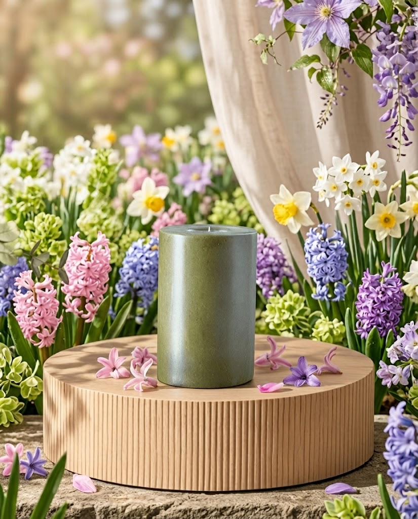 Olive pillar candle on a ribbed platform among pink and blue hyacinths, daffodils and petals: spring restyle