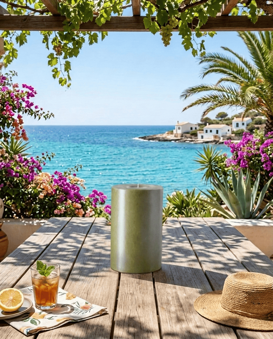 Olive pillar candle on a rustic table with a Mediterranean bay, bougainvillea, iced tea and straw hat: summer restyle
