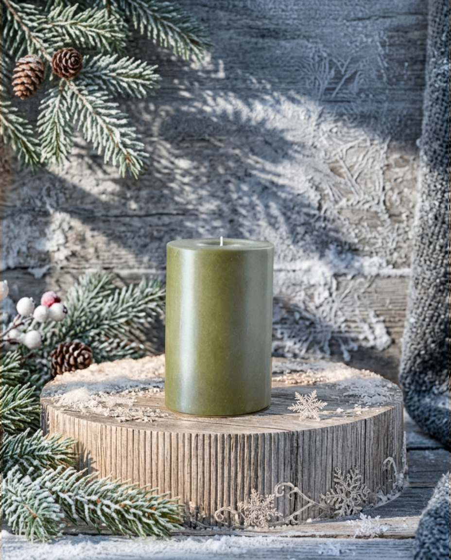 Olive pillar candle on a snowy wood platform with frosted pine branches, pinecones and snowflakes: winter restyle