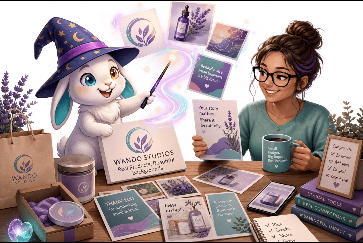 Real small business owner making honest brand mockups and graphics with the friendly Wando bunny