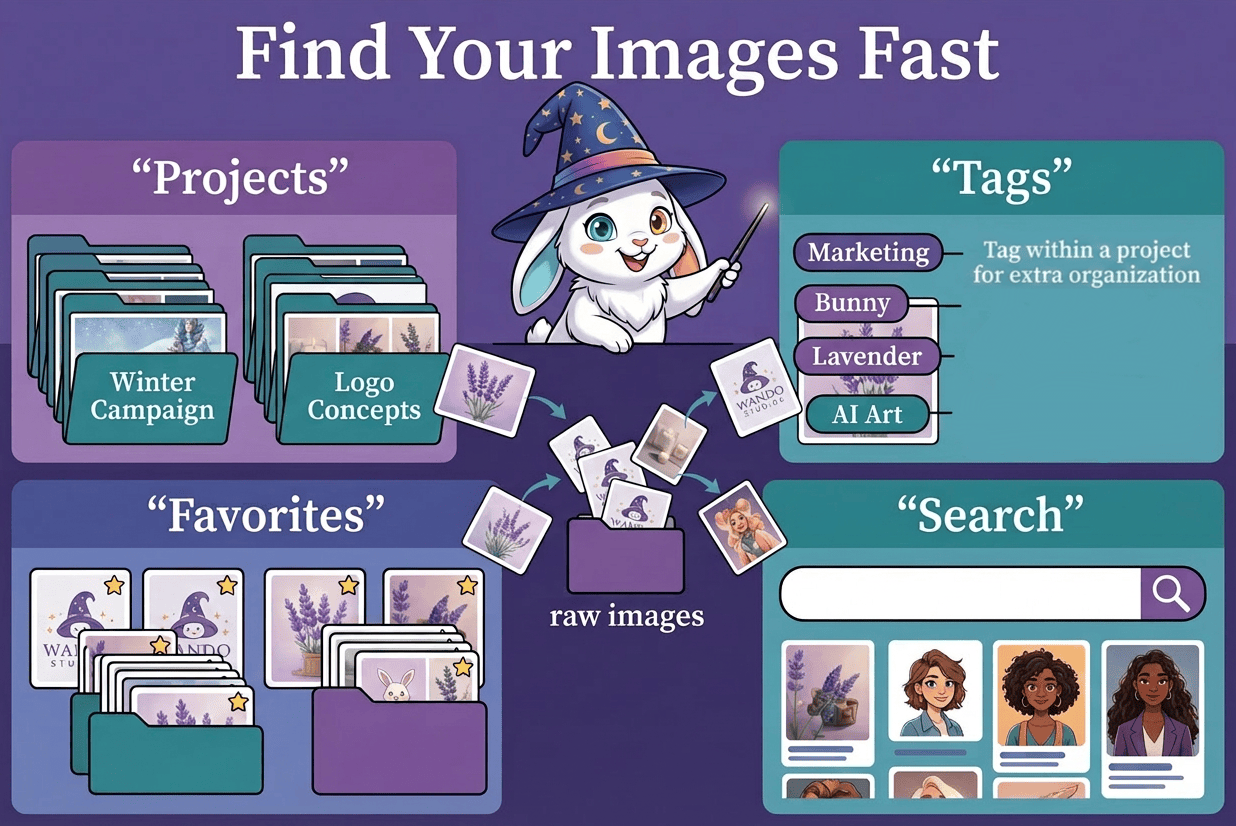Organized AI image library with project workspaces, tags, favorites and search to find your images fast