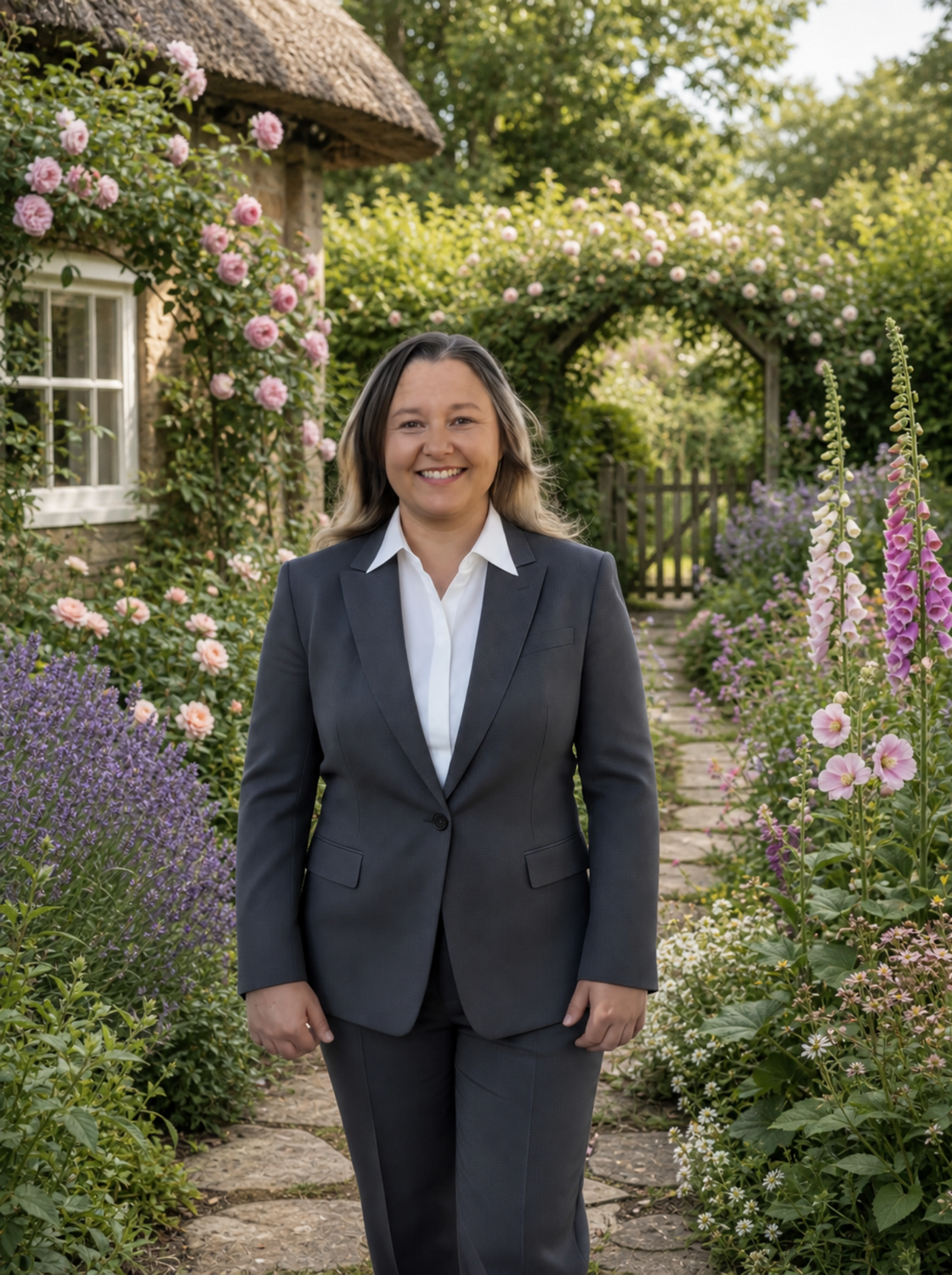 AI-generated portrait of the woman in a gray suit on a stone path in an English cottage garden with roses and foxgloves.