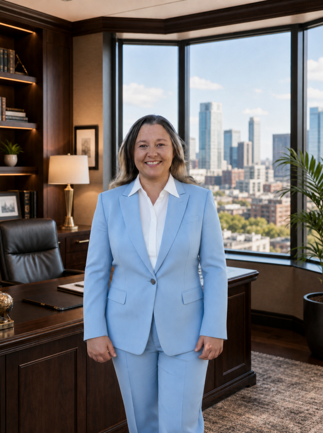 AI-generated portrait of the woman in a powder-blue suit, standing in a corner office overlooking a city skyline.