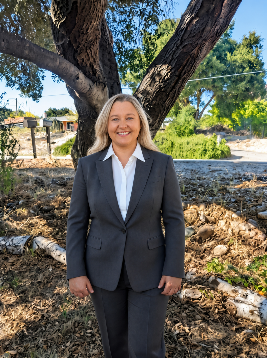 AI-generated portrait of the woman with long blonde hair in a gray business suit, smiling outdoors by the oak tree.