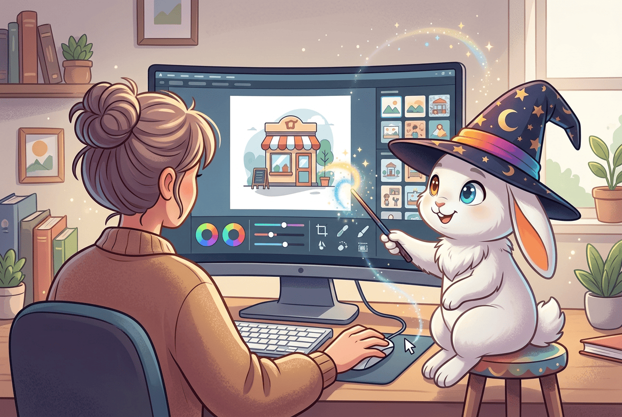 Illustration of a person at a computer editing an image while a wizard-hat rabbit waves a magic wand at the screen