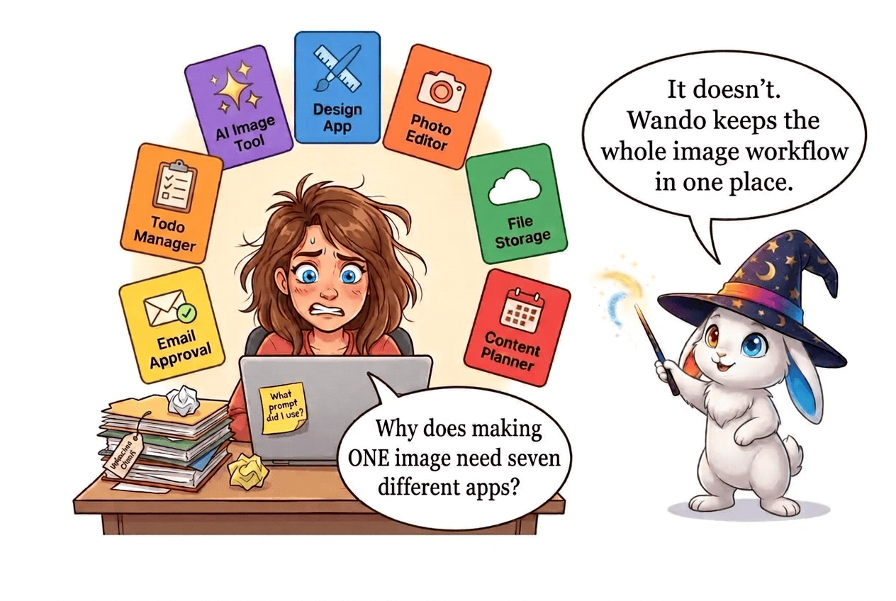 Wando wizard-bunny turning messy AI images into organized Pinterest, Instagram, YouTube and product content