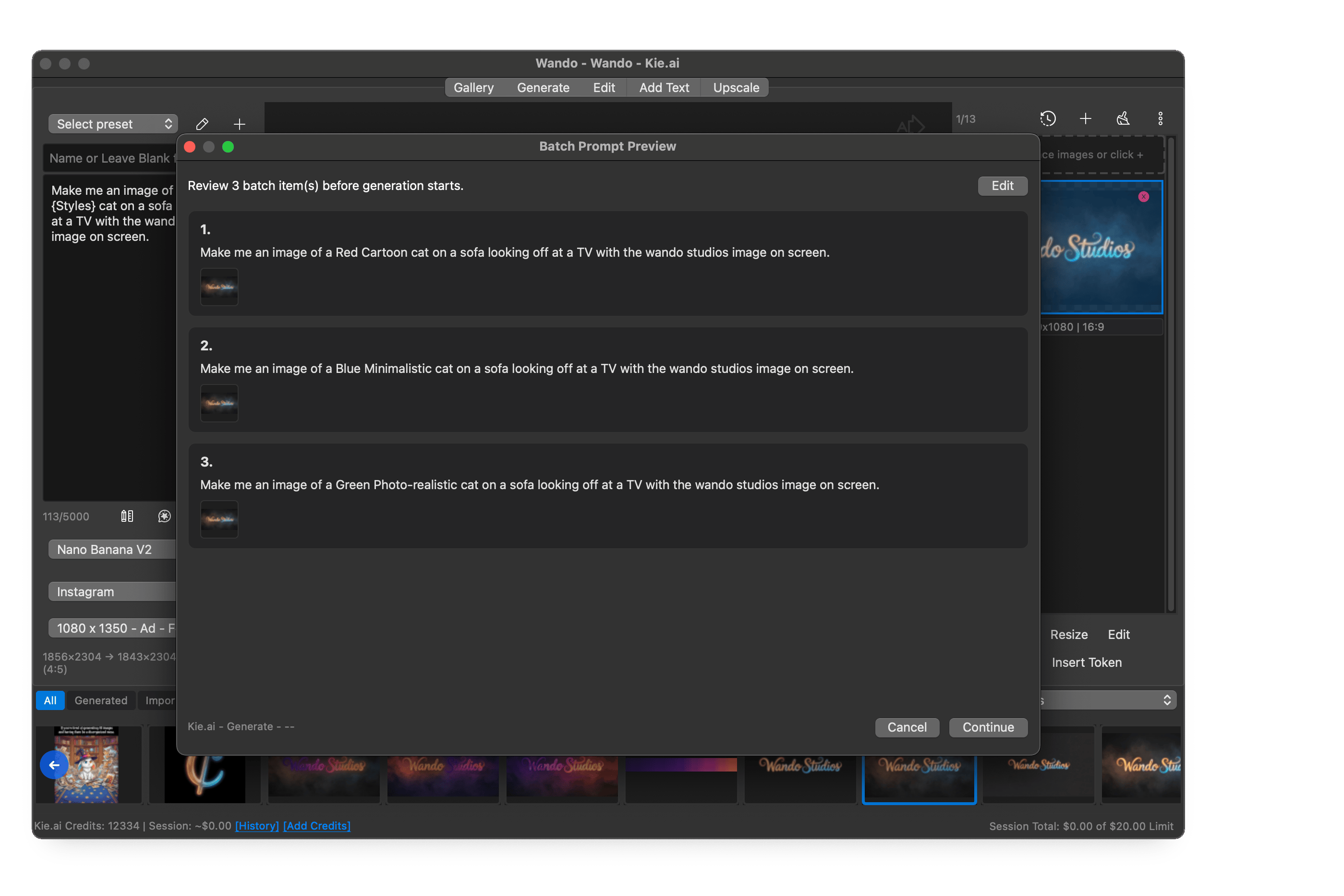 Wando Batch Mode preview of generated results