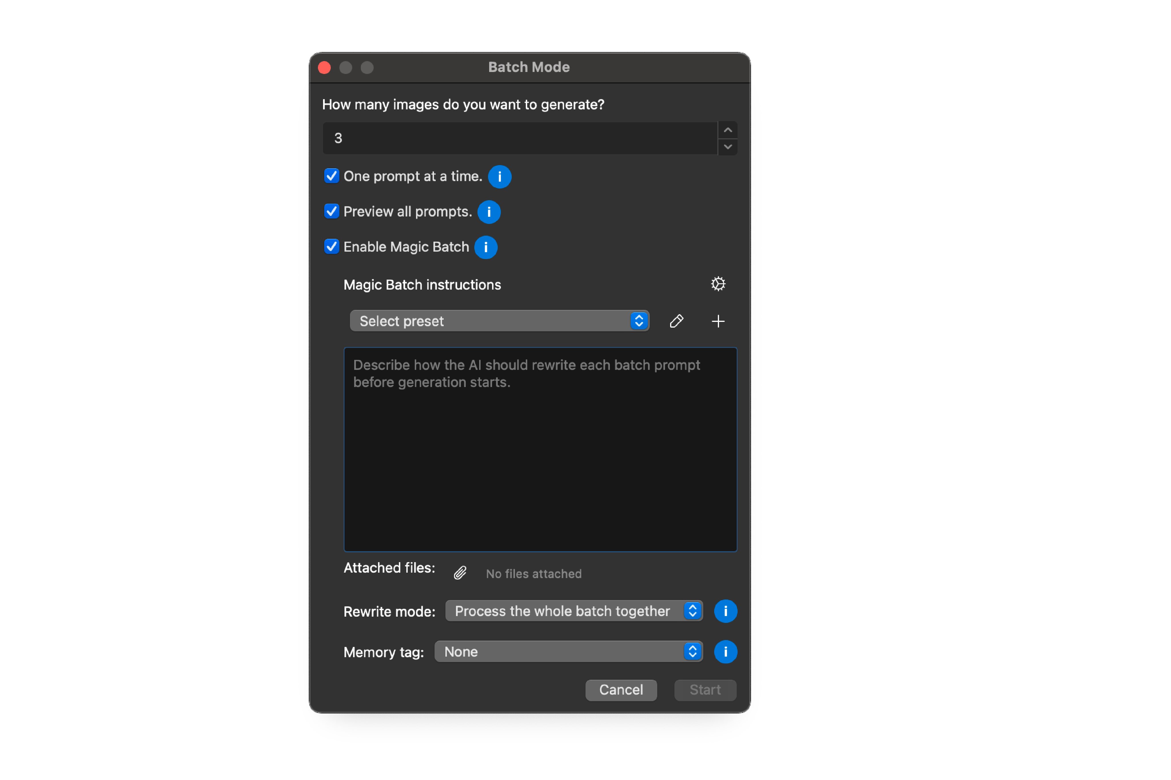 Wando Batch Mode set up to generate many images