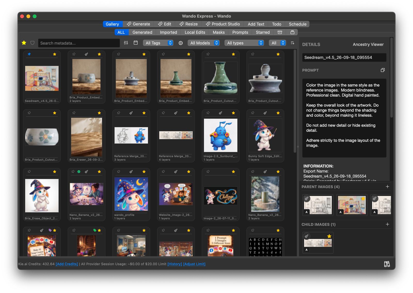 Wando Express Gallery tab showing a searchable image library with tags, filters and the saved prompt for the selected image