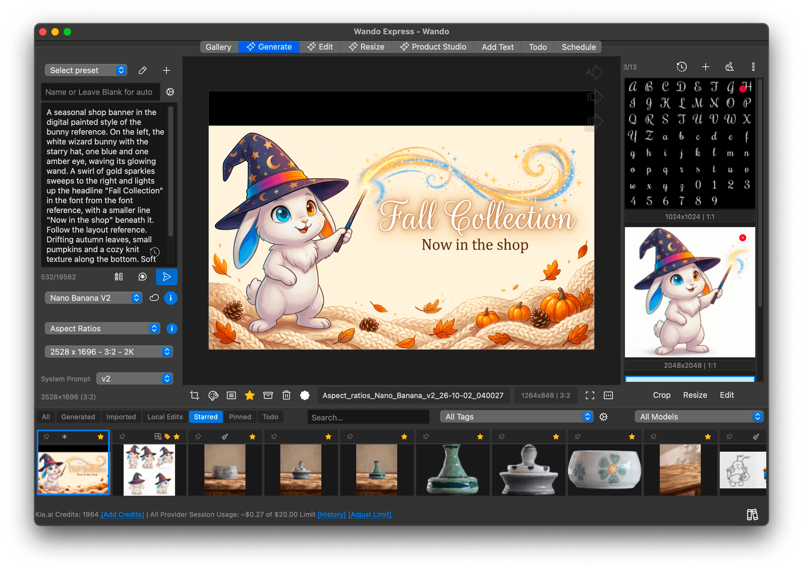 Wando Express Generate tab using Nano Banana V2 and three reference images, including a script font sheet and the wizard bunny mascot, to create a Fall Collection shop banner