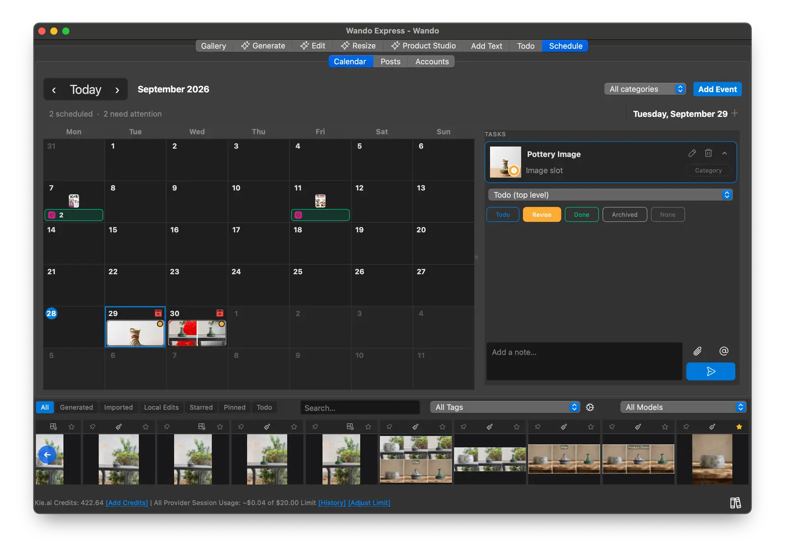Wando Express Schedule calendar showing planned image tasks and social posts for the month