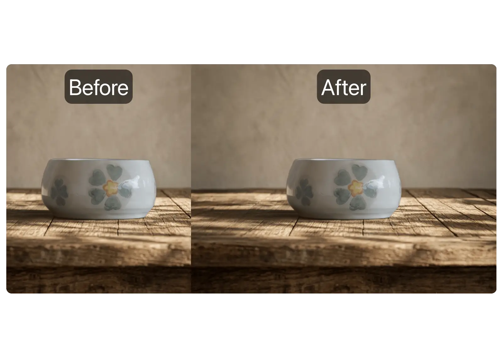 Before and after of Expand widening a product photo of a ceramic bowl on a wooden table
