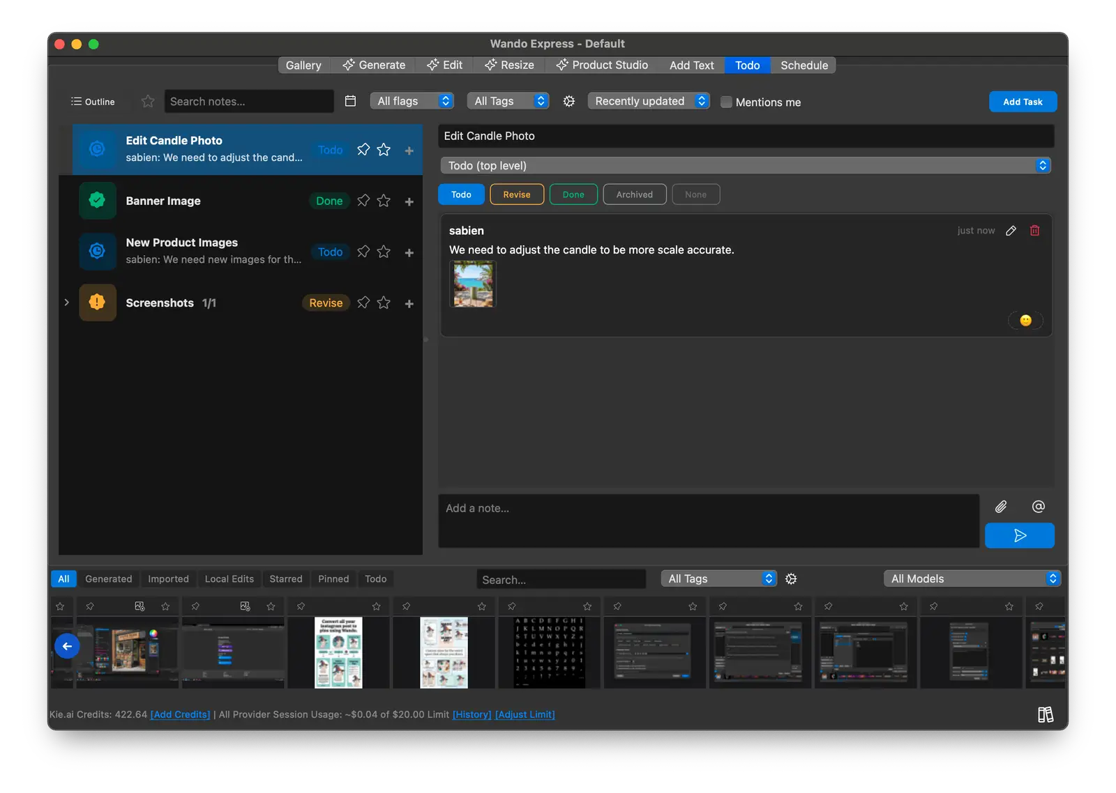 Wando Express Todo tab with image tasks, review status and a comment thread