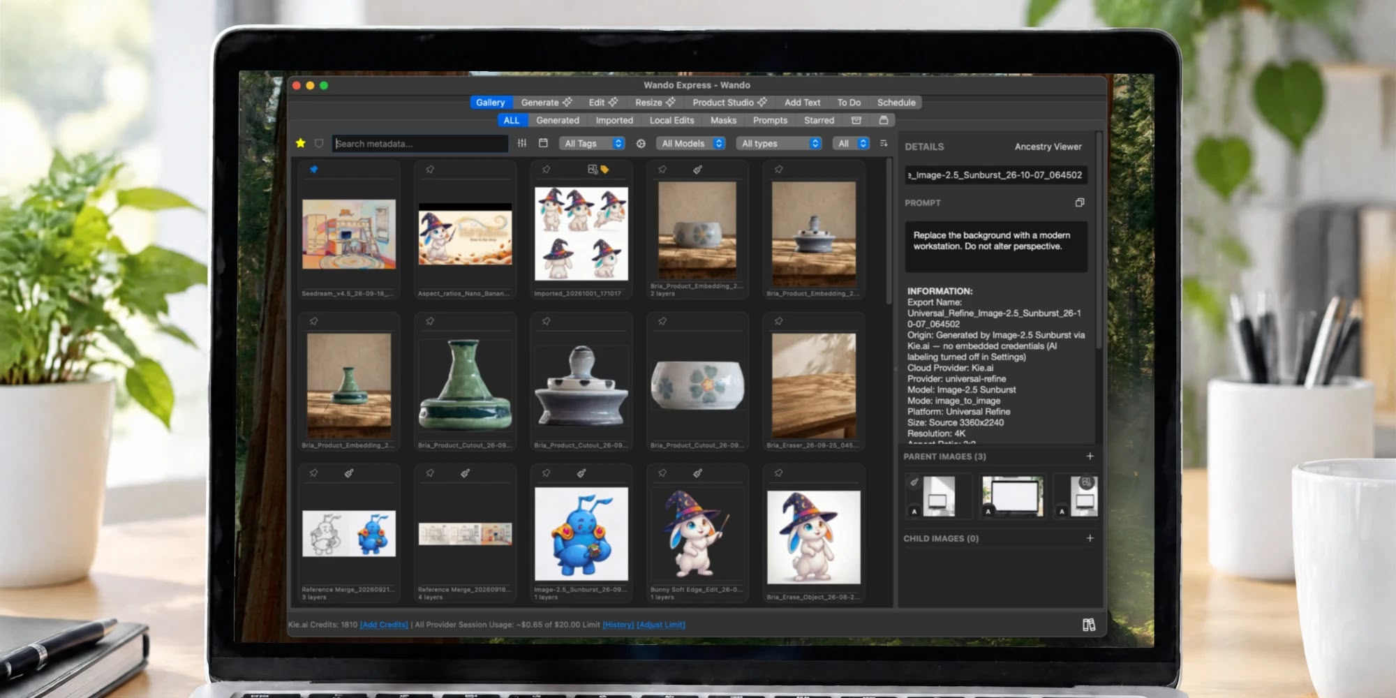 Wando's Gallery tab in dark mode on a laptop, showing a grid of AI product photos and wizard-bunny artwork beside the selected image's prompt