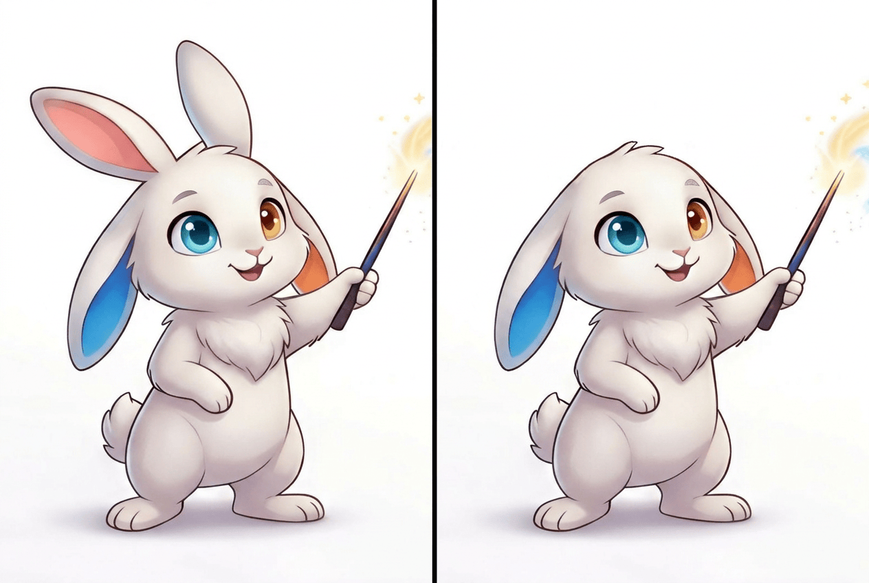 Illustration of Wando's wizard-rabbit creating and editing images at a desk