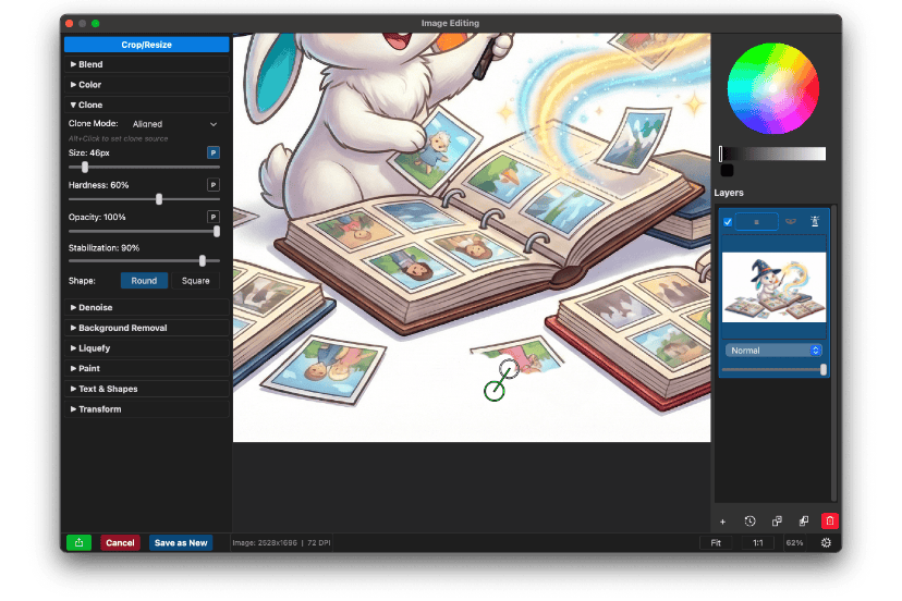 Wando image editor workspace with editing tools