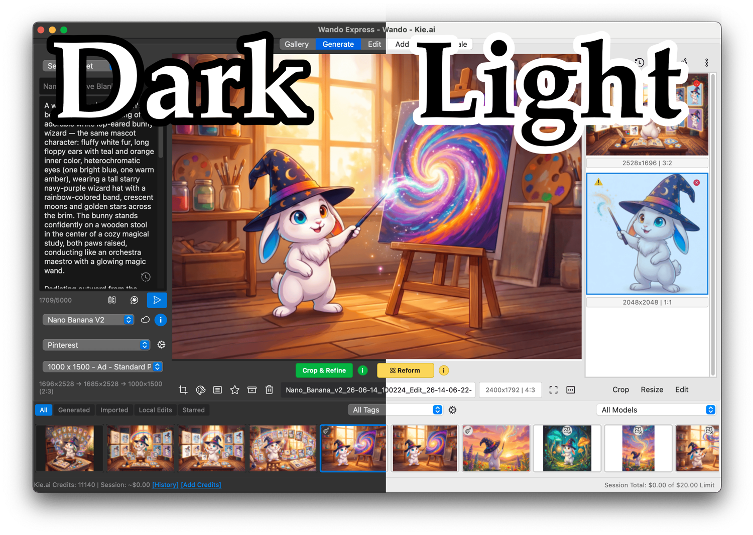 Wando Studio interface shown in light and dark themes