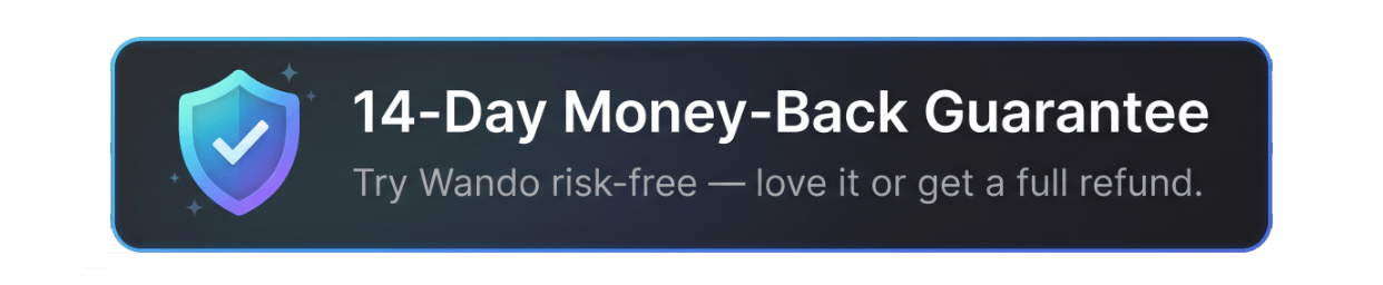 14-day money-back guarantee badge: try Wando risk-free