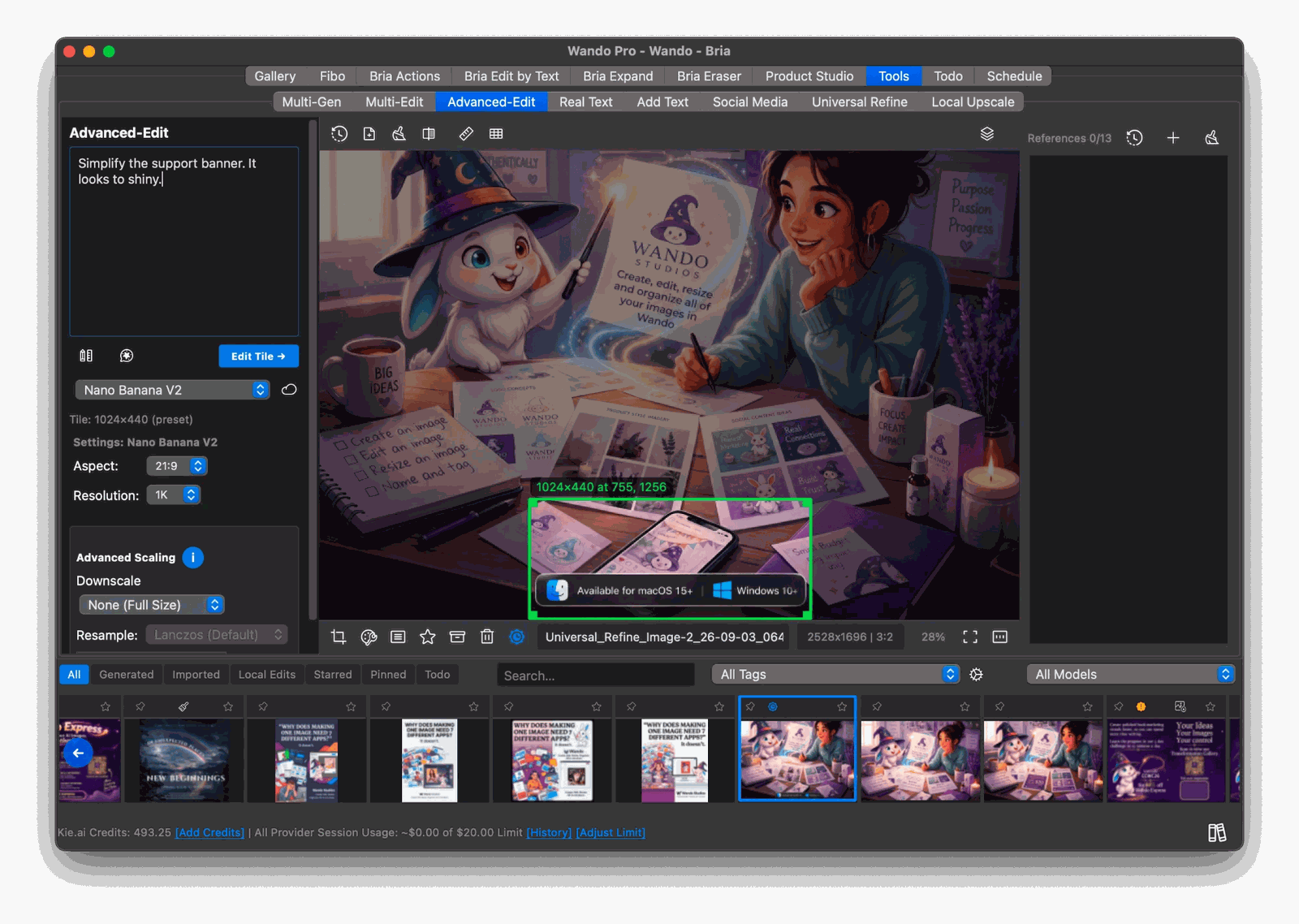 Wando Pro Advanced Edit selecting a 1024 by 440 pixel tile of a 2528 by 1696 image to edit with Nano Banana V2