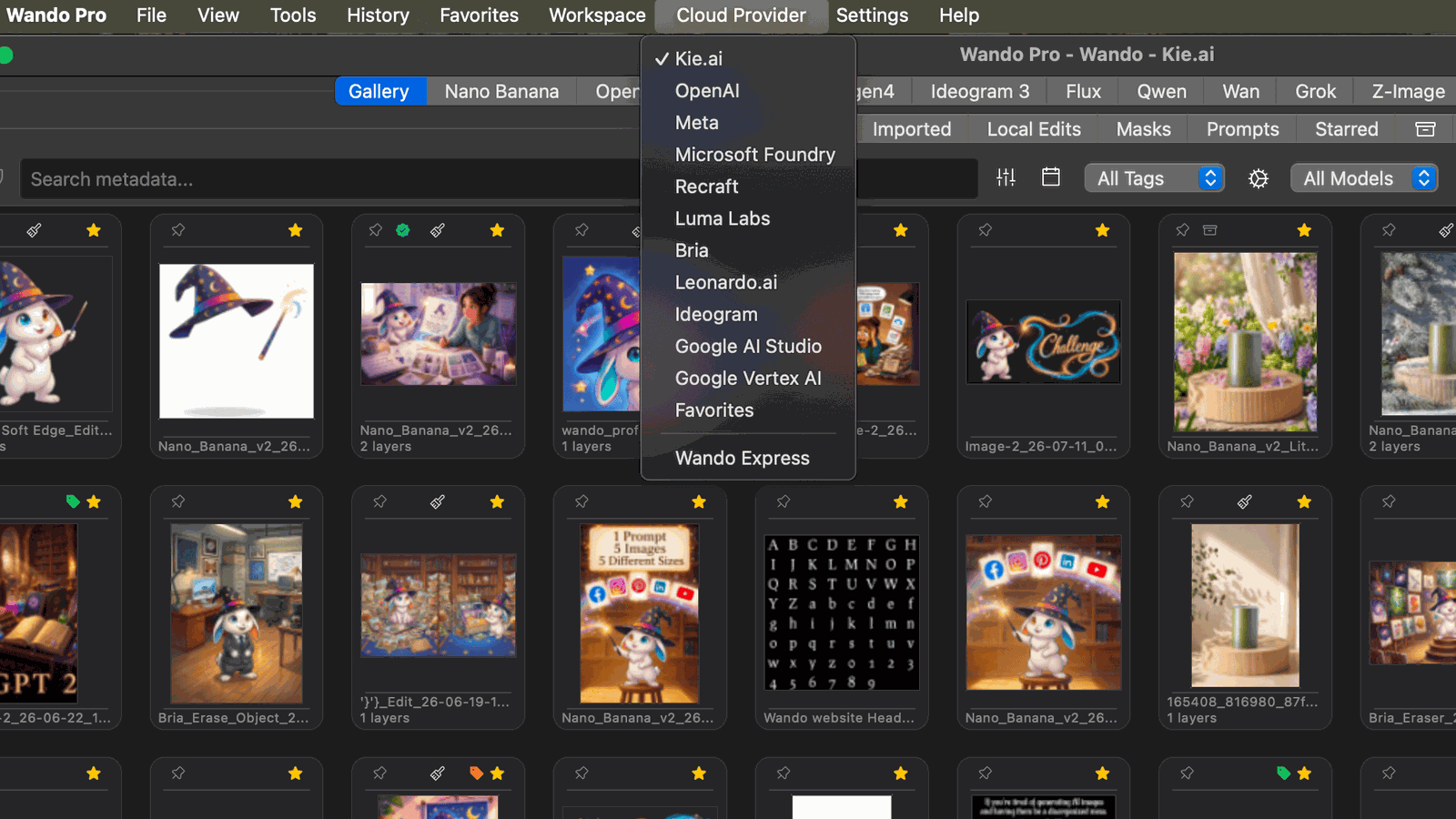 Wando Pro Cloud Provider menu listing Kie.ai, OpenAI, Meta, Microsoft Foundry, Recraft, Luma Labs, Bria, Leonardo.ai, Ideogram, Google AI Studio and Google Vertex AI