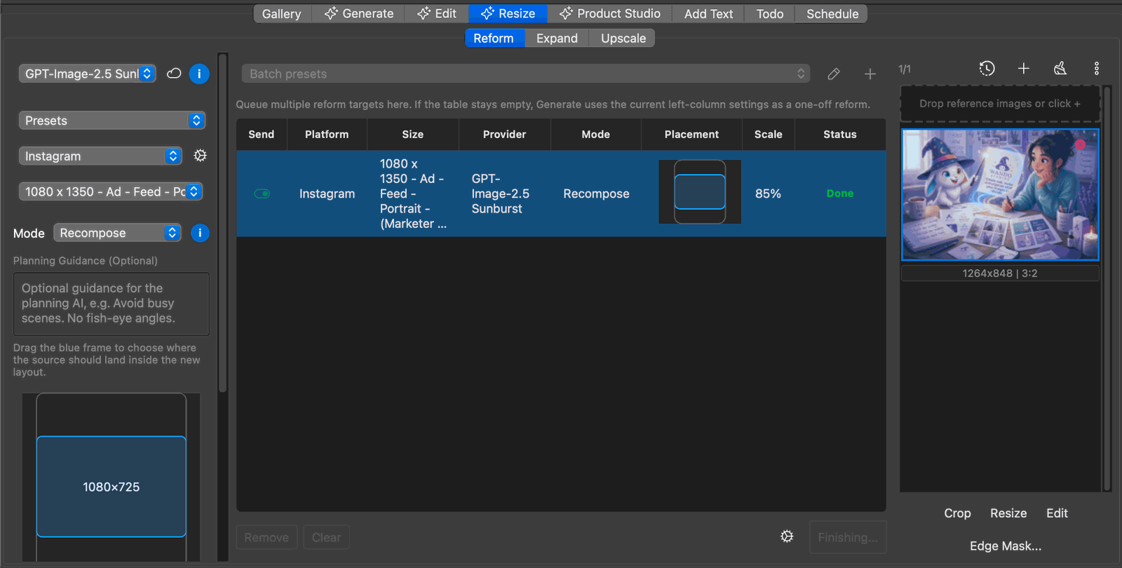 Wando Pro Reform queue recomposing an image for a 1080 by 1350 Instagram portrait