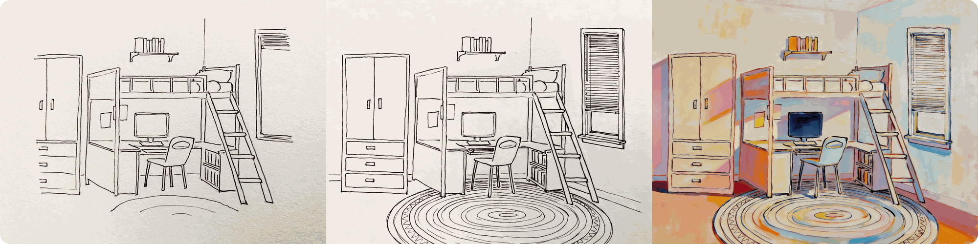 A loft bed sketch shown three ways: rough line work, clean line art and a finished painting