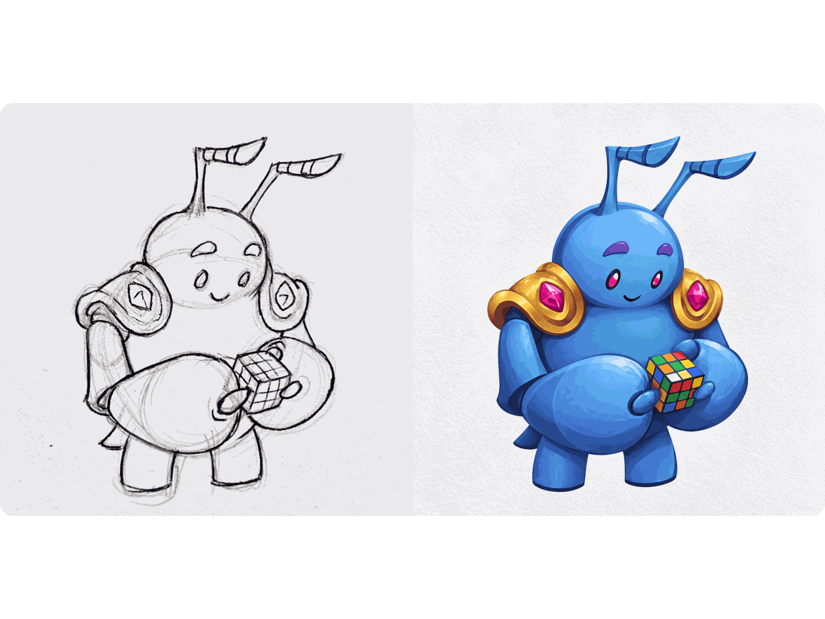 A pencil sketch of a friendly creature beside its finished full-color render