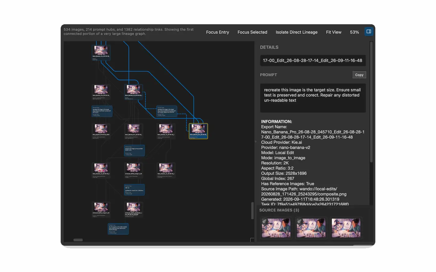Wando Pro ancestry viewer mapping how images were derived from each other