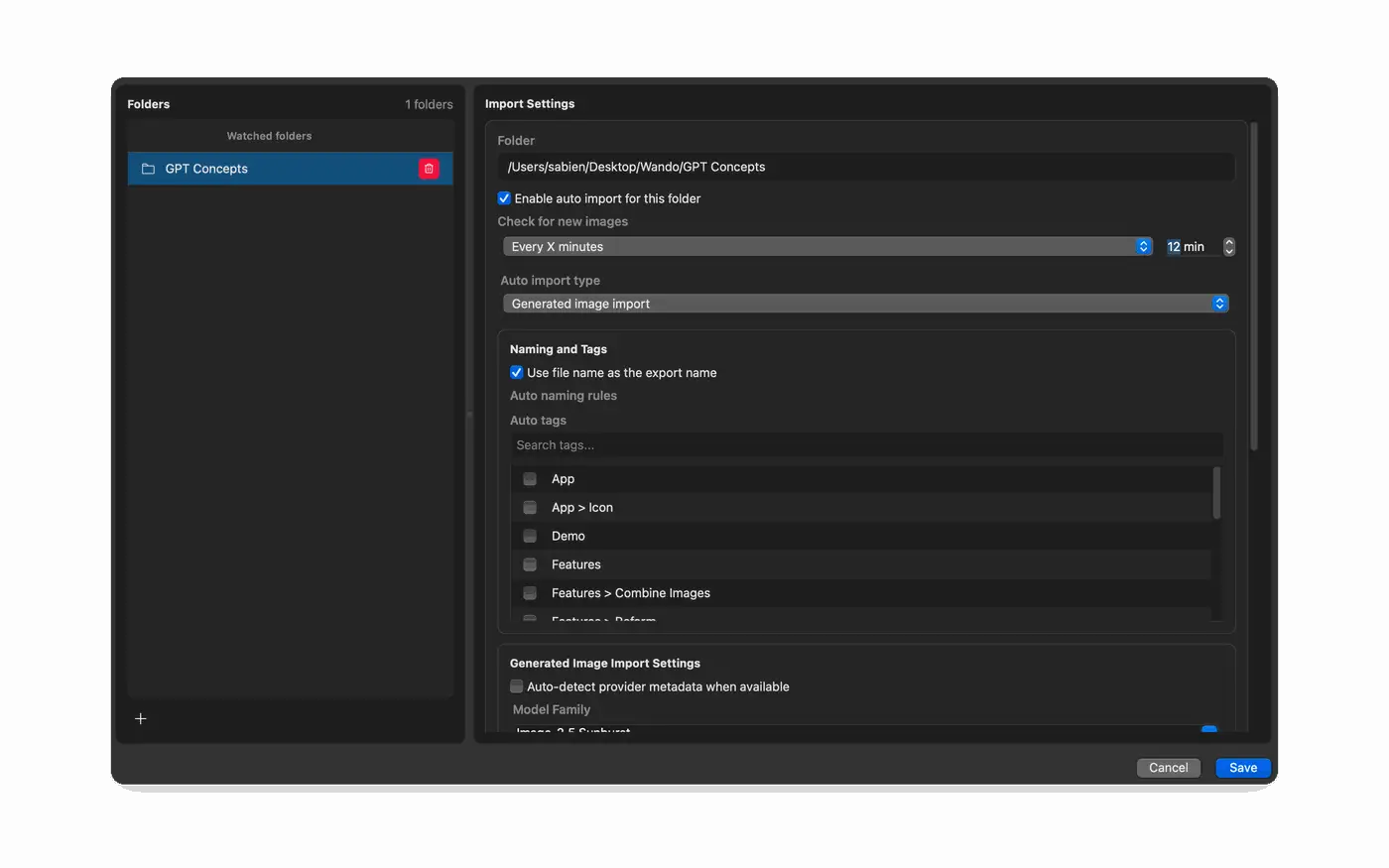 Wando Pro Auto Import settings for a watched folder