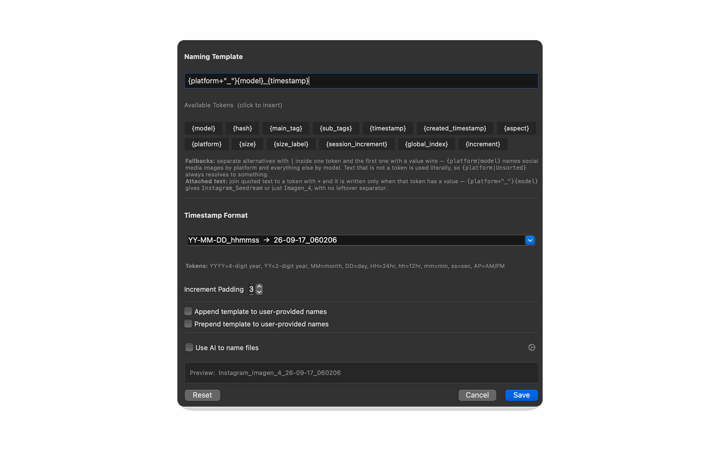 Wando Pro auto naming template built from tokens