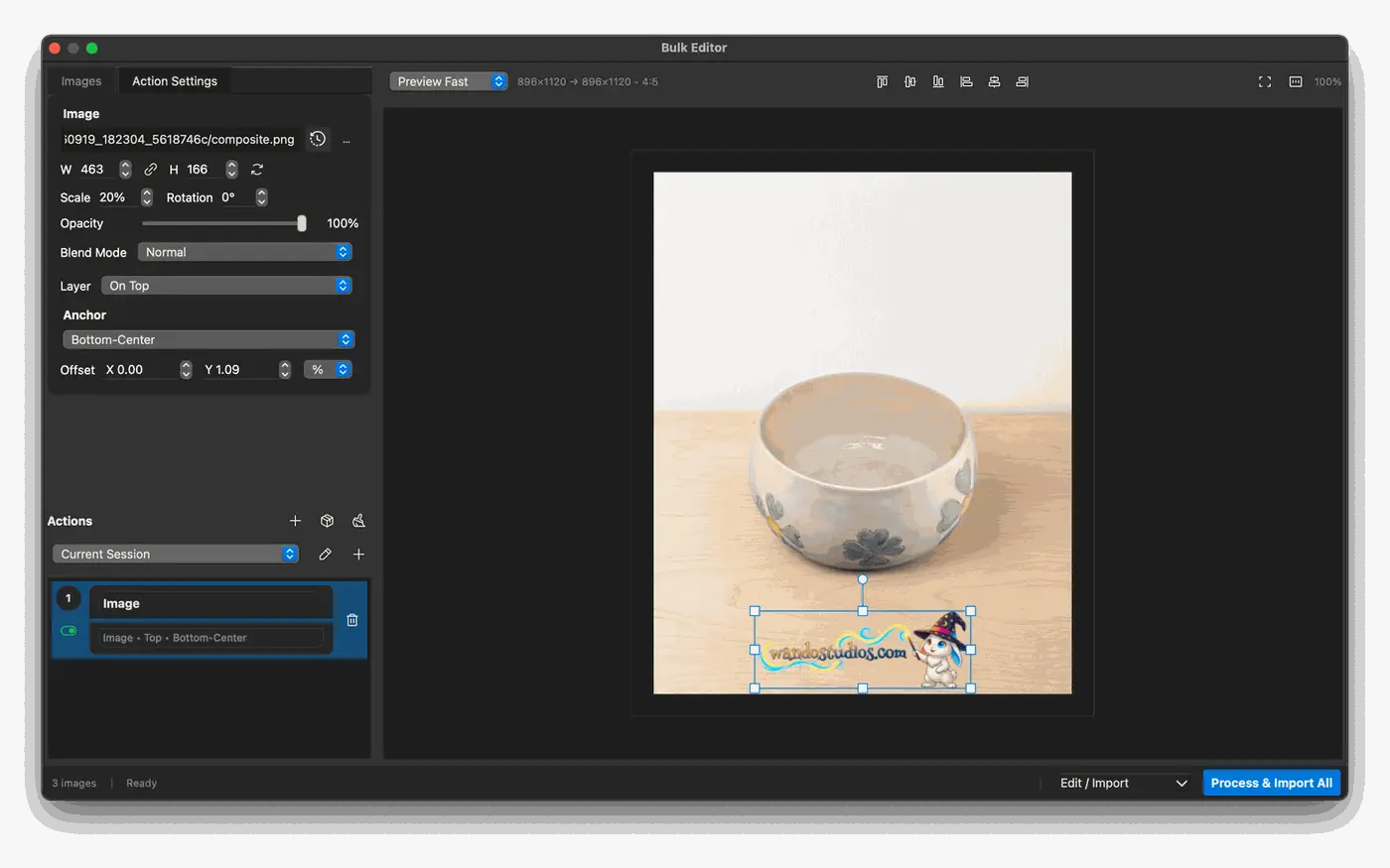 Wando bulk editor adding a logo to a set of product photos