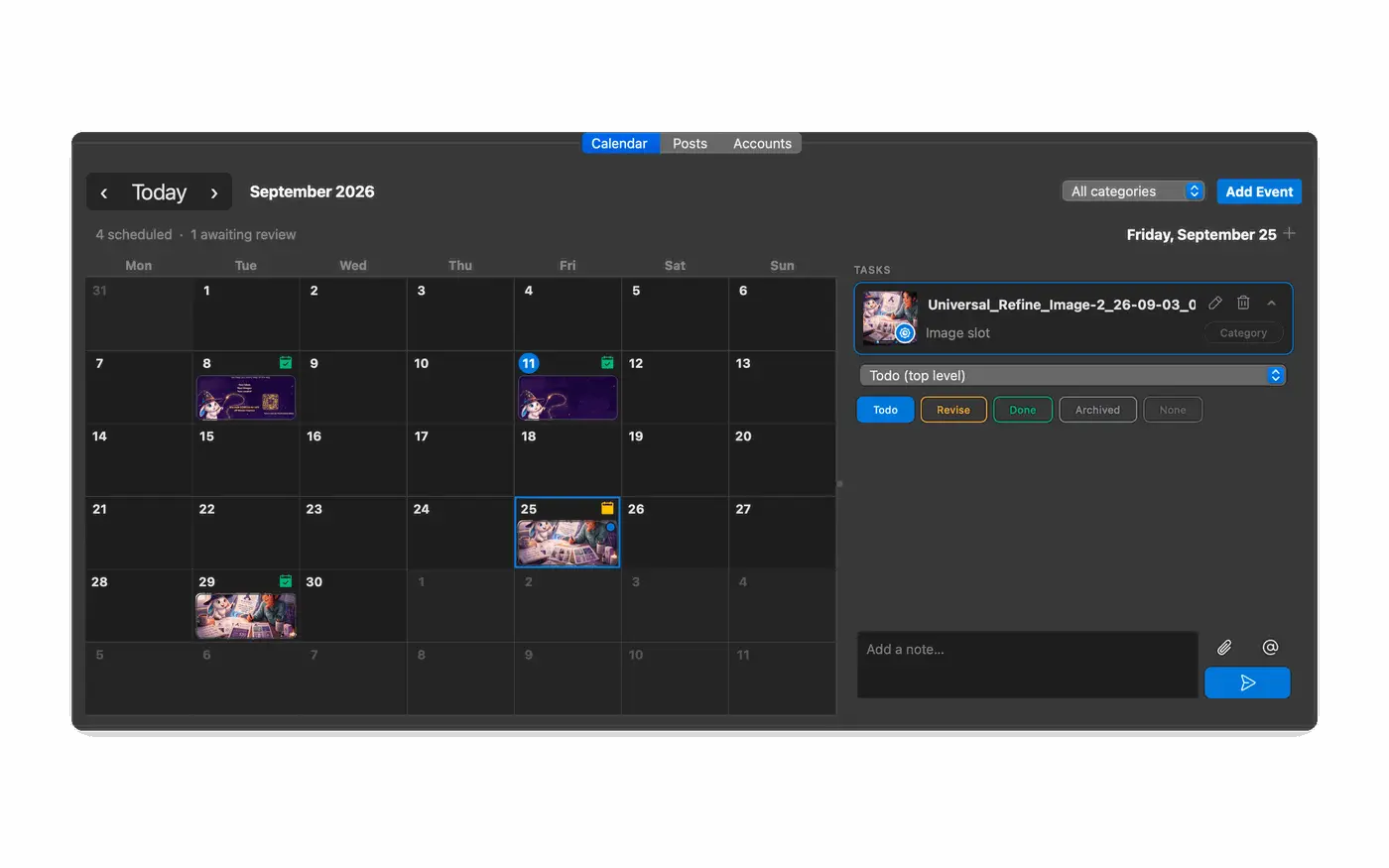 Wando calendar with scheduled images and review tasks
