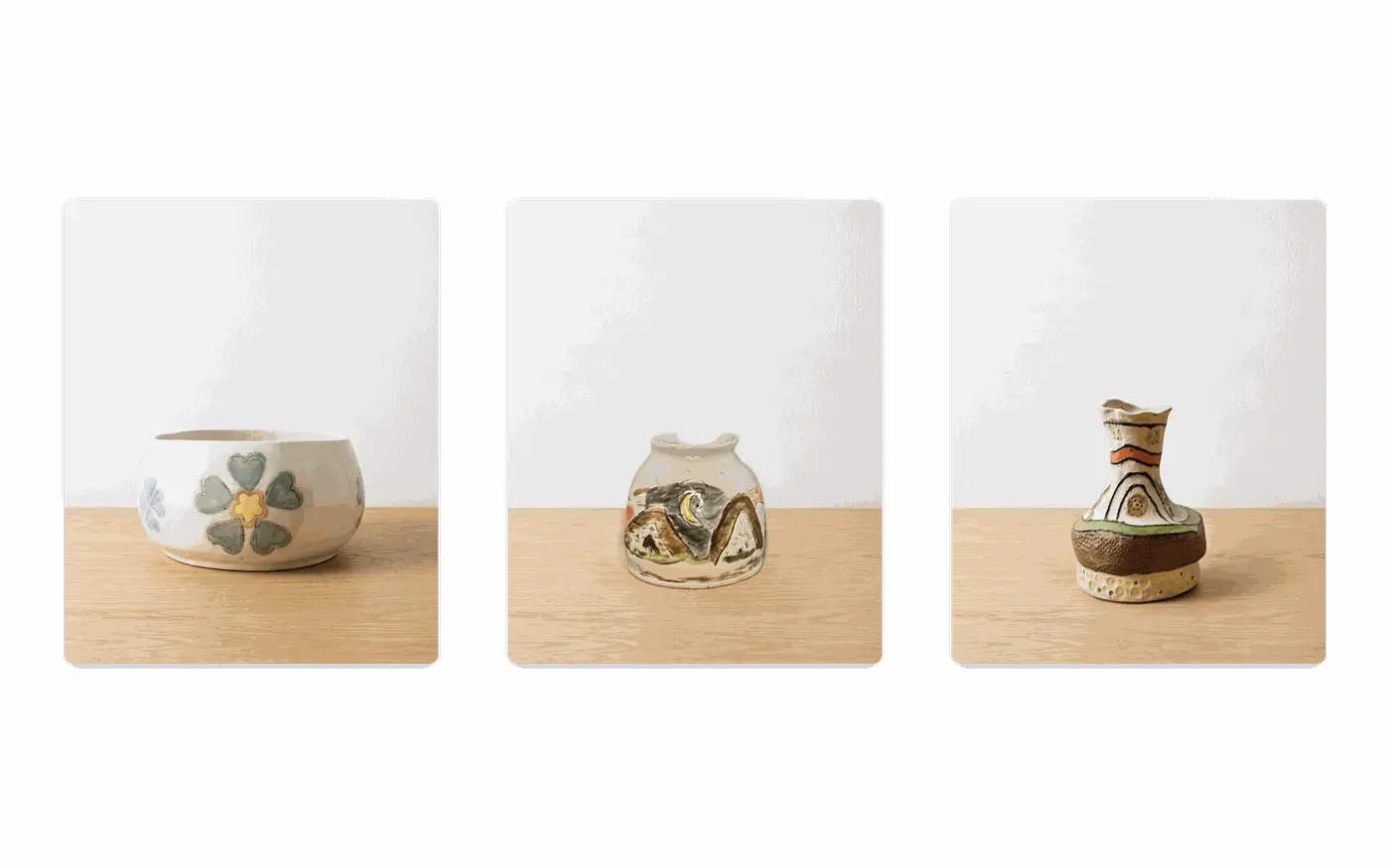 Three handmade ceramics photographed on a matching background made with a batch prompt