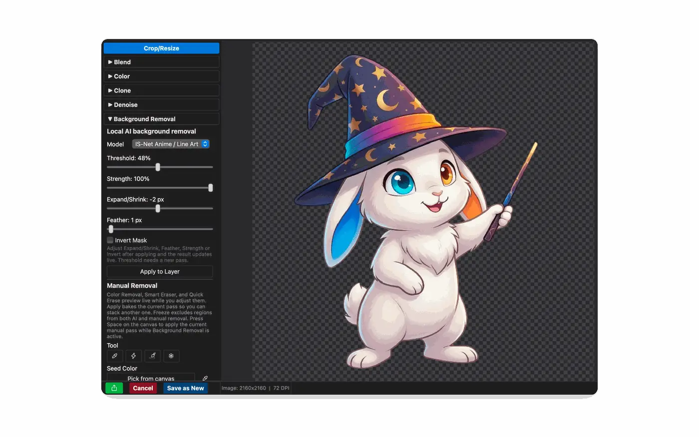 Wando Pro local AI background removal cutting a wizard bunny illustration out of its background