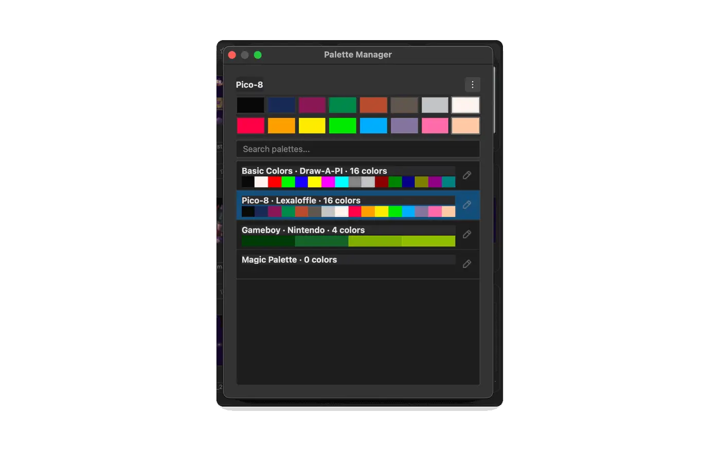 Wando Pro palette manager with saved color palettes